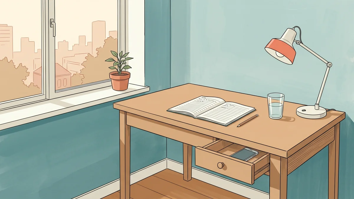 Bureau minimaliste d'étudiant avec téléphone rangé dans un tiroir, environnement propice à la concentration