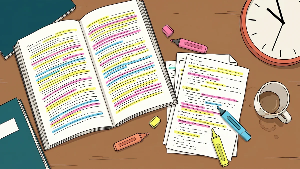 Bureau d'étudiant chargé de cours surlignés en jaune rose bleu, illustration de la relecture passive qui ne fonctionne pas