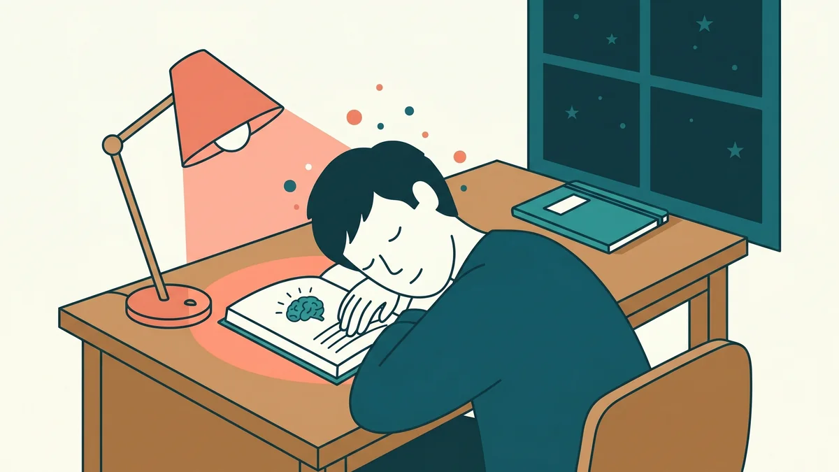 Etudiant endormi sur un livre ouvert a son bureau la nuit, illustration de la consolidation memorielle pendant le sommeil