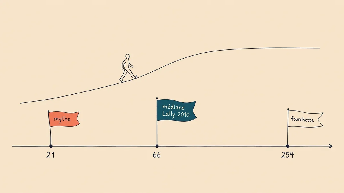 Mythe des 21 jours pour ancrer une habitude vs mediane reelle de 66 jours (Lally 2010)
