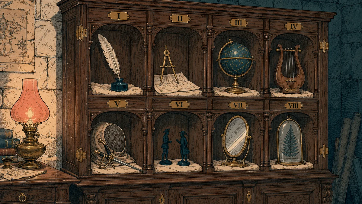 Alambic alchimique Renaissance en cuivre patine avec engrenages transparents superposes representant le chevauchement des processus cognitifs