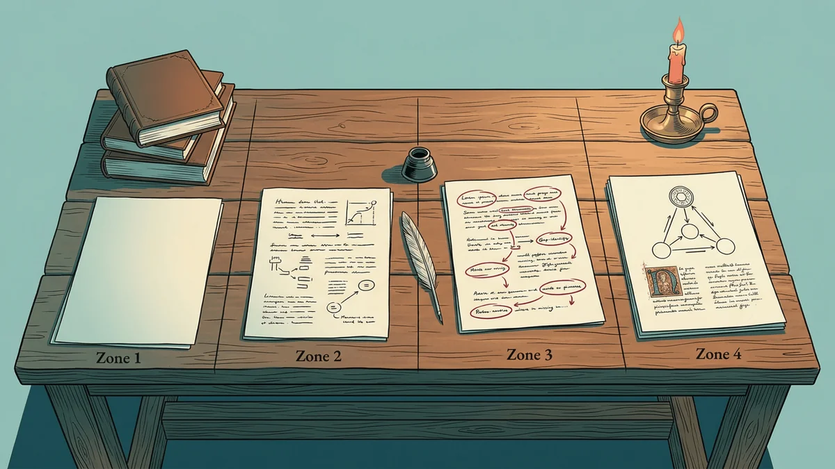 Les quatre étapes de la technique Feynman visualisées sur un bureau de savant : étudier, expliquer, identifier les lacunes, simplifier