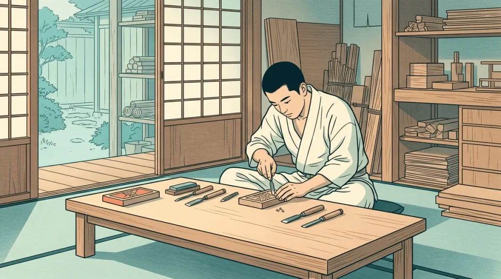 Un apprenti artisan japonais travaille seul sur un détail précis d'une pièce en bois, illustration de la pratique délibérée