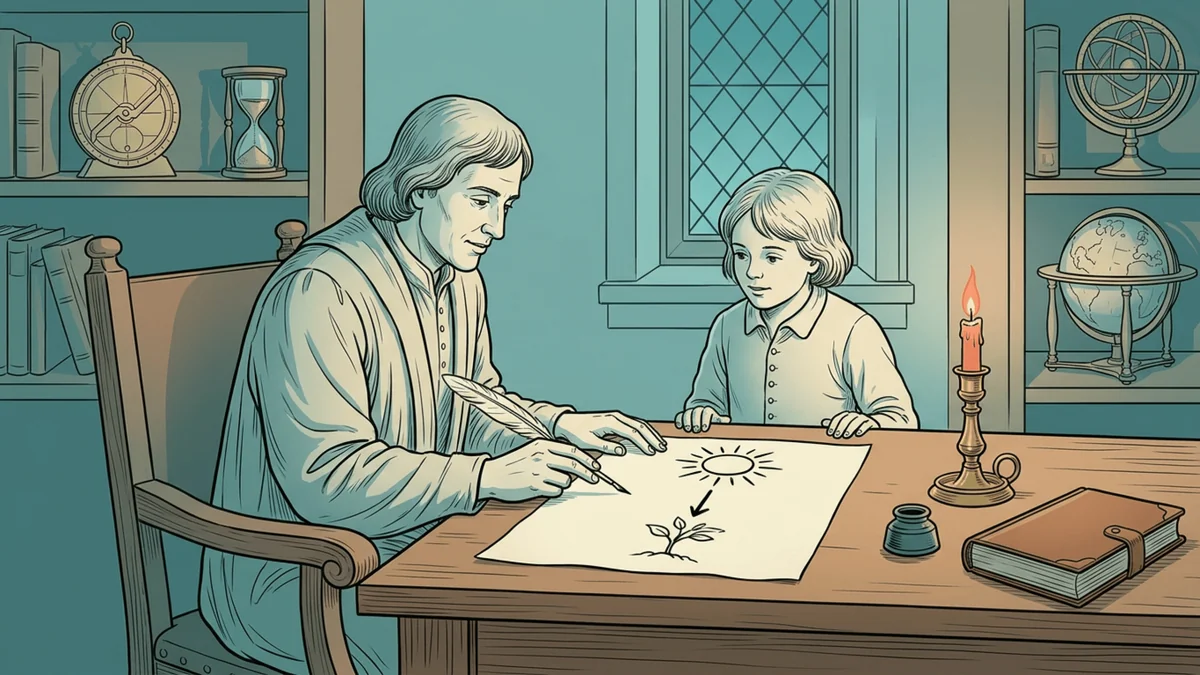 Un savant Renaissance explique un concept simple à un jeune enfant à l'aide d'un schéma dessiné sur parchemin