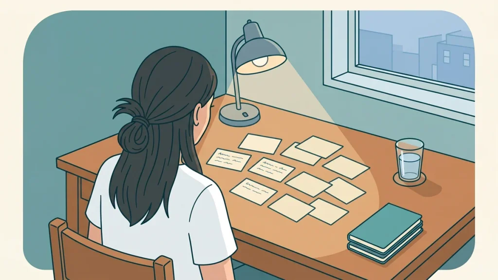 Une étudiante de dos à son bureau le soir, flashcards manuscrites étalées devant elle, lampe allumée