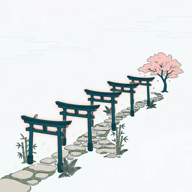 Ikigai : femme en kimono contemplant une cascade entourée de cerisiers en fleurs