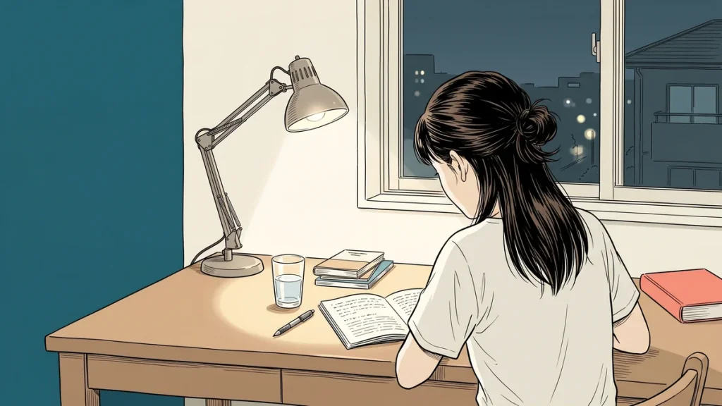 Léa étudiante de dos à son bureau la nuit, lampe allumée, cahier ouvert — concentration studieuse pour préparer ses examens