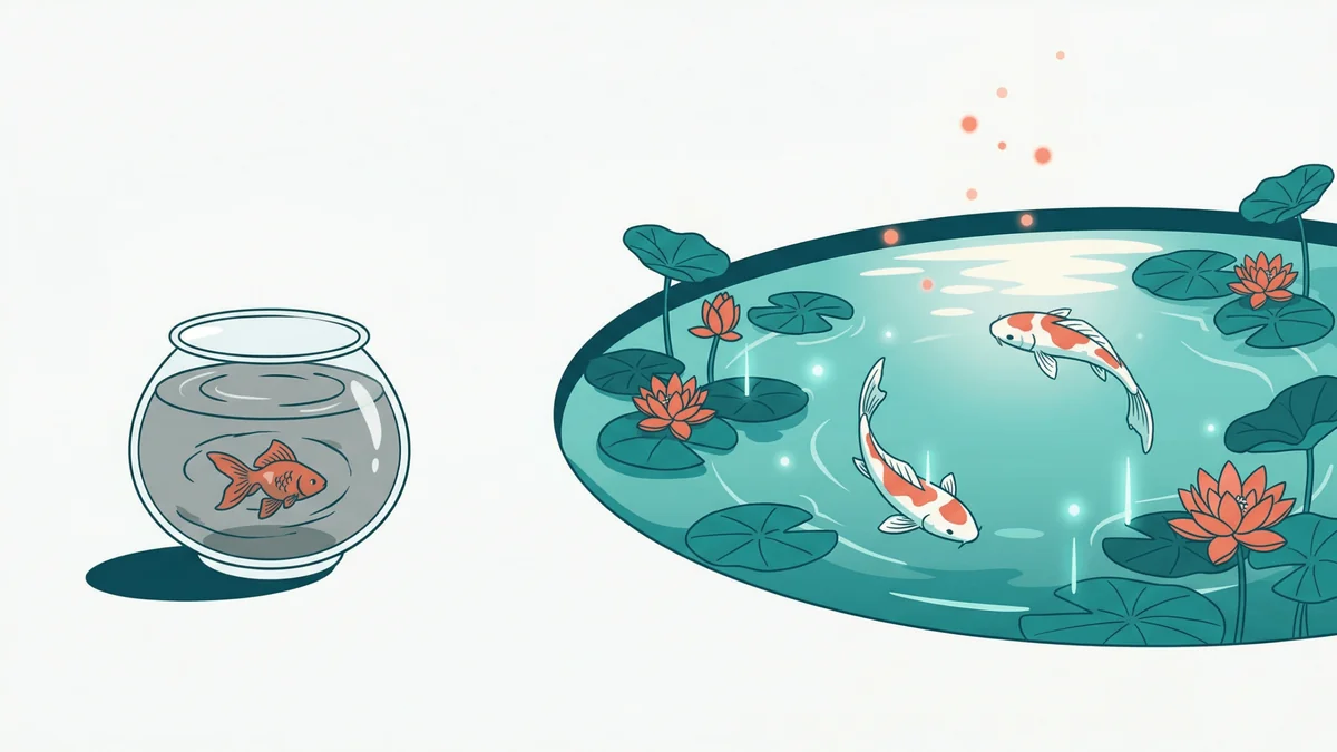 Mauvaises habitudes d'étude : des poissons dans un bocal tandis que des carpes koï nagent librement