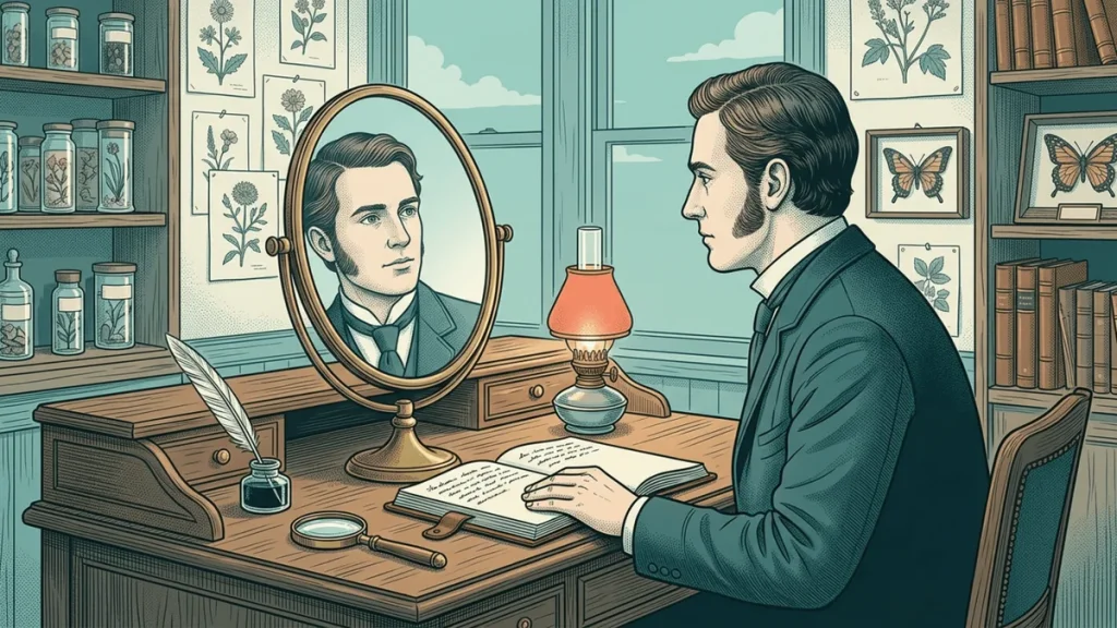 Un naturaliste victorien observe son propre reflet dans un miroir sur son bureau d'étude, entouré de carnets et d'instruments scientifiques