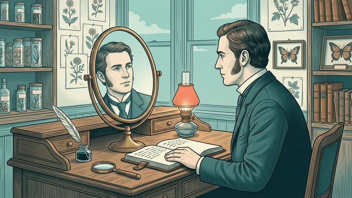 Un naturaliste victorien observe son propre reflet dans un miroir sur son bureau d'étude, entouré de carnets et d'instruments scientifiques