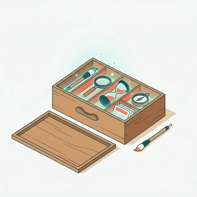 Outils d'apprentissage : une boîte à outils japonaise ouverte avec pinceau, loupe et boussole