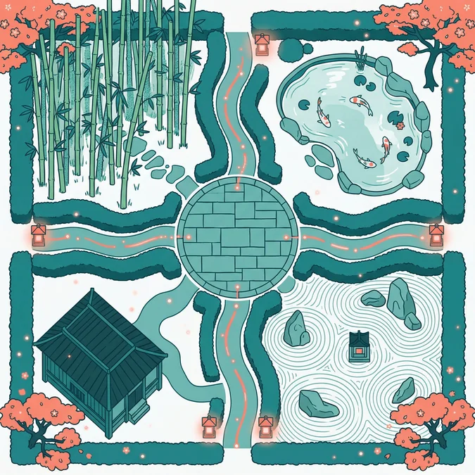 Parcours d'apprentissage : vue aérienne d'un jardin japonais aux quatre chemins connectés