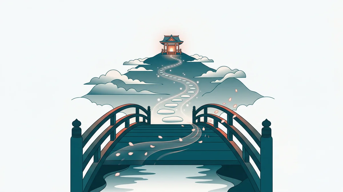 Parcours d'apprentissage : un pont arqué japonais mène vers un temple de montagne