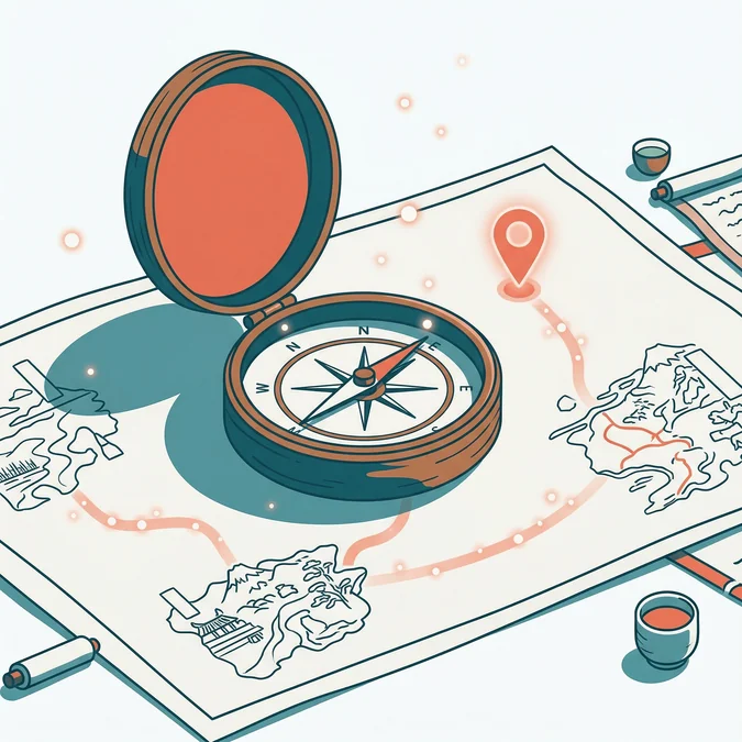 Parcours d'apprentissage : une boussole japonaise posée sur une carte ancienne
