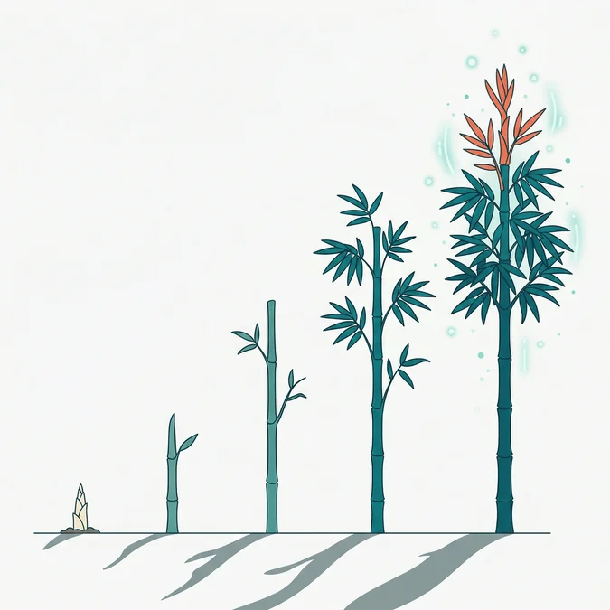 Progresser : cinq bambous en croissance du petit shoot au grand arbre