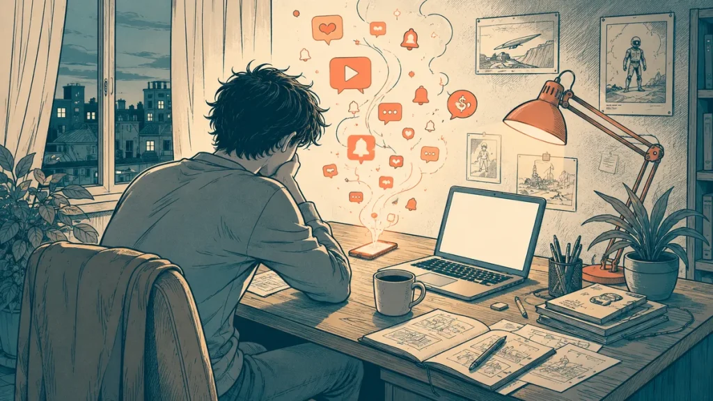 Etudiant absorbe par son smartphone le soir, notifications corail flottant autour de lui