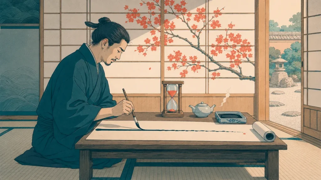 Artisan-lettré japonais en plein focus, calligraphie sur rouleau, sablier en bois à côté — discipline et concentration