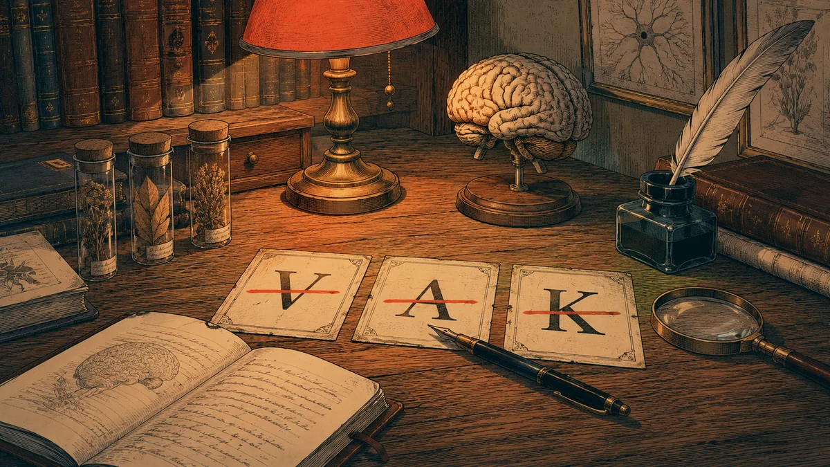 Bureau de naturaliste avec cartes V A K barrees au stylo coral, demontage du mythe des styles d'apprentissage